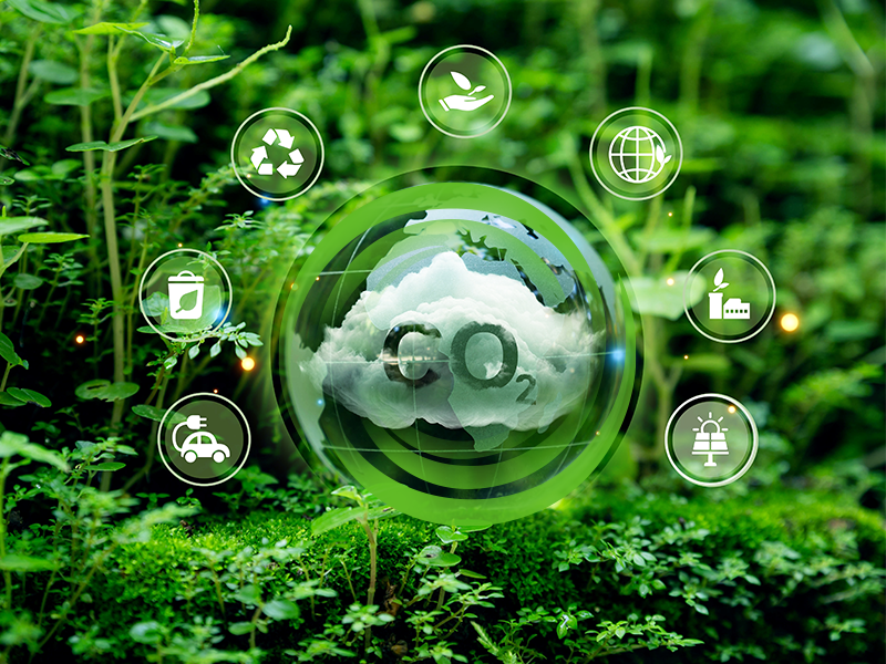 A representation of a carbon dioxide cloud with the chemical symbol being captured in a green forest setting surrounded by symbols of green energy.