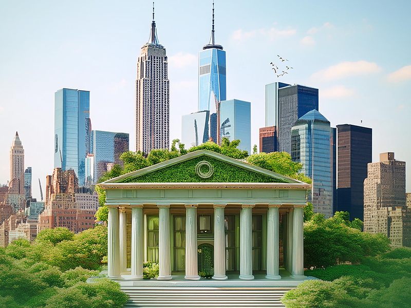 an AI Generated image of a environmentally friendly CGC Bank in New York surrounded by greenery.