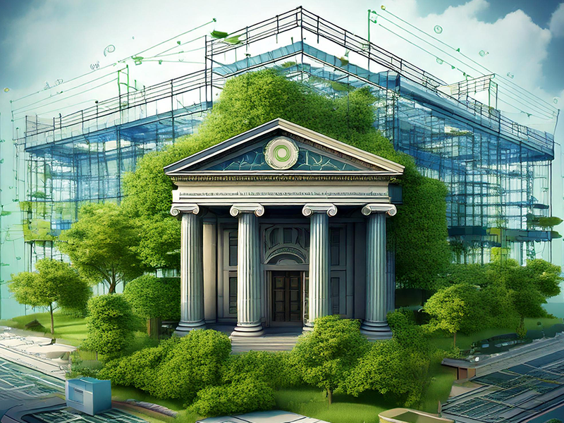 an environmental bank illustration being built with green flora growing all around and blue prints